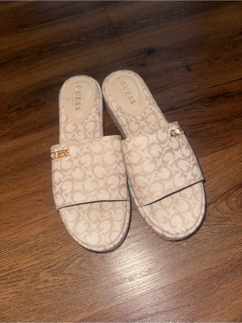 GUESS Light Beige Monogram Slide Mules with Gold Logo